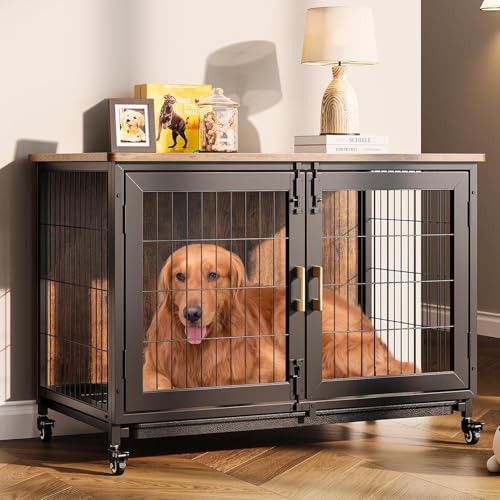 Hundekäfig Möbel, 95 x 55.9 x 65cm Hundebox Zuhause mit 2 Türen 4 Rädern, Hundegitter für Große Mittlere Kleine Hunde, Hundehütte Indoor, Dekorative Haustierkiste für den Innenbereich Vintagebraun