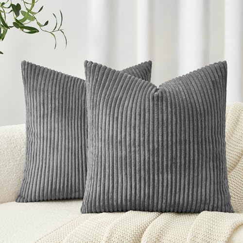 Topfinel 2er Set Kissenbezug 40x40 Dunkle Grau Kordsamt gestreiftes Muster Kissenbezüge Kissenhülle Dekokissen Sofakissen Nackenkissen Kopfkissen Couchkissen Dekokissen Deko Wohnzimmer