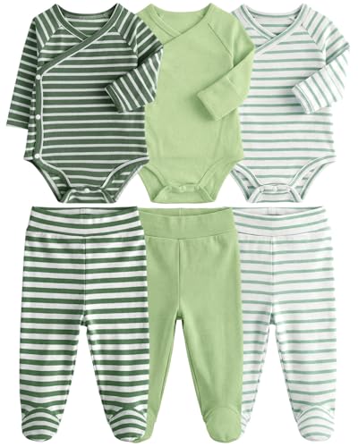 JiAmy Baby Wickelbody Set 3-teilig mit Umschlagärmeln & Pumphose mit Füßen Baumwolle Neugeborenen Set Grüner Anzug 0-3 Monate