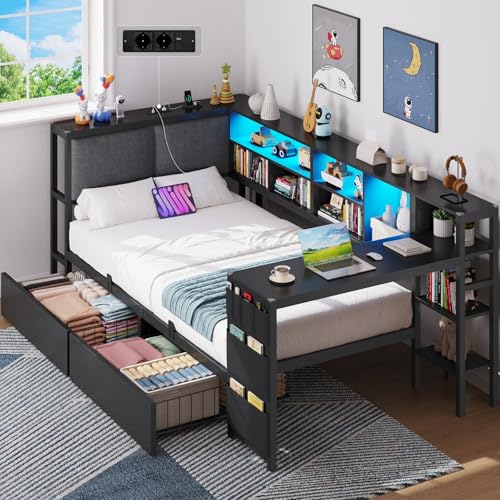 Brinlawb Schlafsofa mit LED-Beleuchtung und Ladestation, Jugendbett 90x200 cm mit einem 35x112cm Tisch und zwei großen Schubladen, Bett 90x200 Tagesbett mit polsterter Rückenlehne am Kopfteil, Schwarz