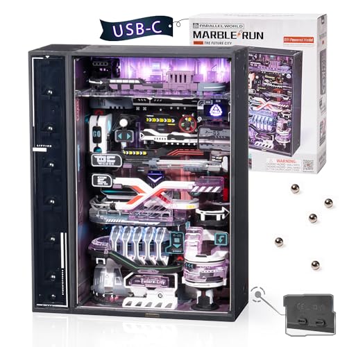 ROBOTIME 3D Puzzle Bausatz Kinder: Murmelbahn Modellbausatz Basteln 3D-Puzzles Kugelbahn Technische DIY Modell Technik Bausatz Bahn mit Elektrische LED für Jugendliche Erwachsene Zukunft Stadt MR02S