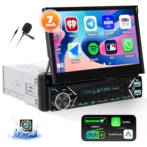 DAB Plus 1 Din Autoradio mit Carplay Android Auto Mirror Link, 7 Zoll Automatisch Einziehbarem Bildschirm mit Bluetooth Freisprecheinrichtung, Touch Bildschirm MP5 Player mit EQ SWC + Rückfahrkamera