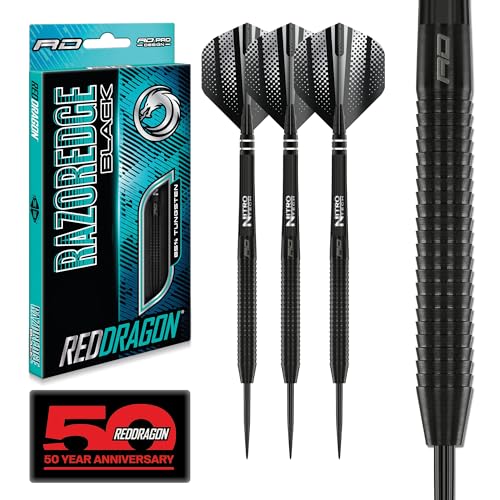 RED DRAGON Razor Edge Black Dartpfeile Tungsten Profi Steel Darts mit Flights und Schäfte (23, Gramm)