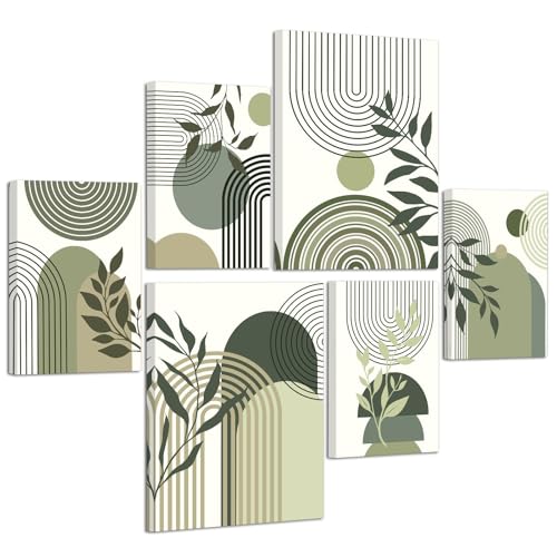 6 Sets of Boho Salbei Grün Geometrische Linien Leinwandbilder mit Rahmen Minimalistisch Pflanzen Bilder Moderne Wandbilder Schlafzimmer Bild Auf Leinwand Kunstdruck Deko für Wohnzimmer 20X30X4+30X40X2