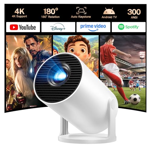 Mini Projektor Beamer mit WLAN und Bluetooth, Android 14 integriert, 4K Unterstützung, Tragbarer Projektor LYNCAST 180° schwenkbar Upgrade Projektor für Heimkino, Outdoor Einsatz HY300 Pro