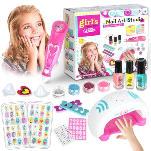 UCAMP Nagelstudio Kinder Mädchenm,Kinder Nail Art Set,Kinder Nagellack Set mit Nageltrockner,Bastelset Kinder,für Mädchen im Alter von 6-12 Geburtstag Weihnachten Geschenk,Inklusive Aufkleber,Maniküre