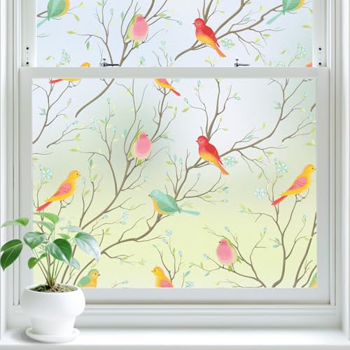 Lifetree Fensterfolie Blickdicht, Selbsthaftend Milchglasfolie, Sichtschutzfolie Fenster, Sonnenschutzfolie Statisch Haftend Anti UV Dekorfolie Vogel für Wohnzimmer und Büro 44.5 * 200cm