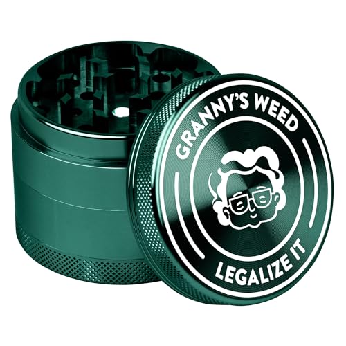 Granny‘s Premium Aluminium Grinder | messerscharfes Mahlwerk | ∅ 5,5 cm | 4-teilig | inkl. Pollenschieber | Kräutermühle in Gras Grün u. weiteren edlen Designs