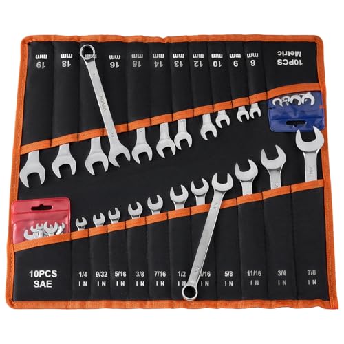VEVOR Maulschlüsselset 42-tlg. (SAE & Metrisch), Gabelschlüsselsatz (12-Kant) Schraubenschlüsselset mit Rolltasche, Ringmaulschlüsselset aus Kohlenstoffstahl, für Allgemeine Kfz-Reparaturen
