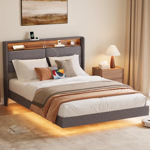 HAUSPROFI Schwebebett Polsterbett mit LED-Beleuchtung, Ladestation (1x Type-C, 2X USB), Stauraum-Kopfteil und Lattenrost, Modernes Doppelbett aus Leinenoptik (Grau, 180 x 200 cm)