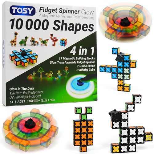 TOSY Magnet Fidget Spinner Glow – 16 Bausteine, 3-in-1: verwandelbarer Fidget-Spinner, Infinity-Würfel, 2x2 Puzzlewürfel, Leuchtend, Anti-Stress, STEM-Magnetspielzeug