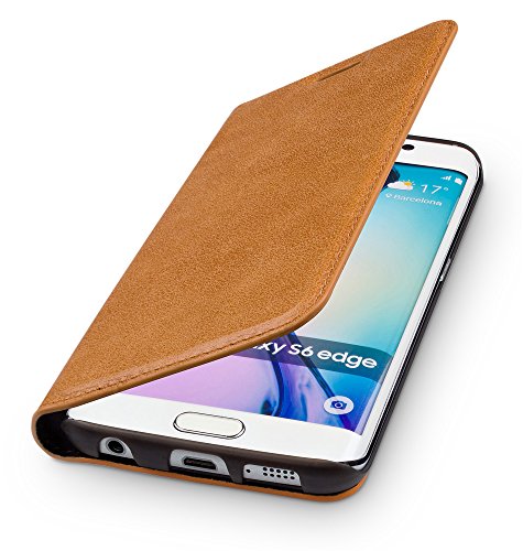 WIIUKA Echt Ledertasche - TRAVEL - kompatibel mit Samsung Galaxy S6 Edge mit Kartenfach extra Dünn Tasche Cognac Braun Premium Design Leder Hülle