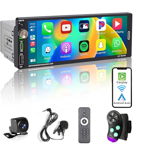 Hengweili Autoradio 1Din mit Bluetooth 6.9 Zoll Bildschirm Kompatibel mit Wireless Apple CarPlay/Android Auto 2,1A Schnelladegerät Typ-C USB Rückfahrkamera FM/RDS Radio