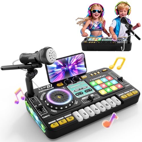 DJ Mischpult DJ Pult für Kinder 3-12 Jahre DJ Controller DJ Mixer Musikinstrumente mit Mikrofon 100+ Soundeffekten Licht Akku, Geschenk Spielzeug für DJ-Anfänger Jungen Mädchen 3 5 6 7 8 9 10 12 Jahre
