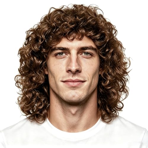 JININOSEU Braune Lockige Perücke, Herren Retro Perücke Locken 60er, 70er