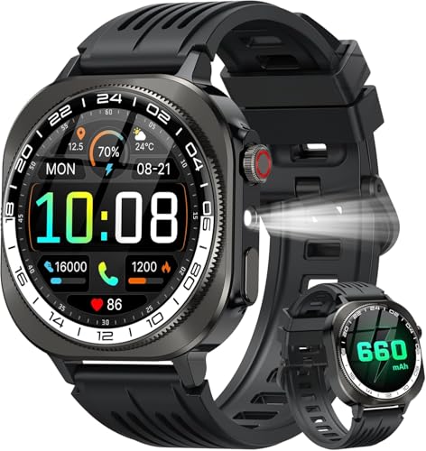 Militär Smartwatch Herren Damen, 2026 Neu Rund 1.43″ AMOLED Fitnessuhr mit Telefonfunktion, Smart Watch mit LED Taschenlampe/130+ Sportmodi/Herzfrequenz, IP68 Wasserdicht Sportuhr für iOS/Android
