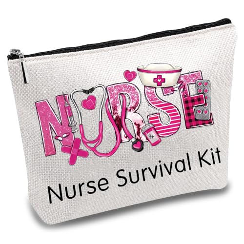 CREATCABIN Rosa Krankenschwester-Überlebenskit,Kosmetiktasche Aus Segeltuch Mit Metallreißverschluss,Kulturbeutel Aus Polycotton,Reisetasche,Geldbörse,Geschenke Für Krankenschwestern,Frauen,25x18cm