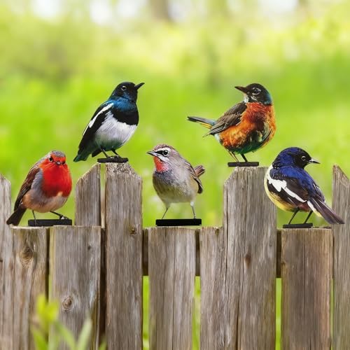 TZQFROCE 5 Stück Gartendeko Bemalte Vogel Vögel Gartenstecker Deko Gartendeko Für Draußen Metall Vogel Baumstecker für Gartendekoration Holz Zaunfiguren Frühling Bäume Deko