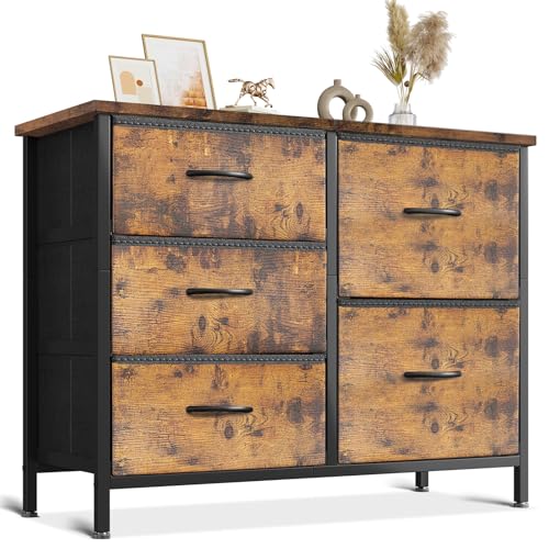 Coleshome Kommode mit 5 Stoffschubladen, Kommode mit Schubladen mit 2 Große und 3 Kleine, Holzplatte Robustem Stahlrahmen, Geeignet für Schlaf- und Wohnzimmer, 76 x 29 x 60cm, Vintage