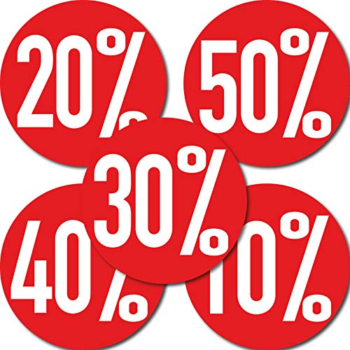 Aufkleber 20cm rund Sticker Prozent Rabatt Sale Verkauf Preis Aktion Ausverkauf Schaufensteraufkleber (5 Sticker 10 bis 50 Prozent)