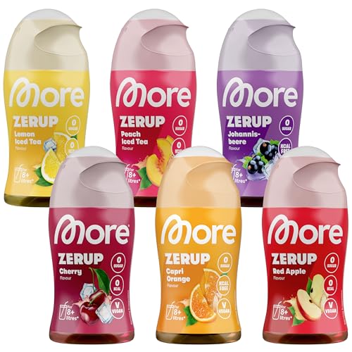 MORE Zerup, mixed 6er Bundle, 6 x 65 ml, verschiedene Sorten, für bis zu 48 l Fertiggetränk, zuckerfreier Sirup mit u.a. echten Fruchtextrakten, vegan, zero Kalorien - made in Germany