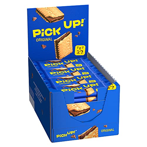 PiCK UP! Original (24 x 28 g), Keksriegel mit knackiger Milchschokolade zwischen zwei Keksen, der Snack für unterwegs, Thekenaufsteller mit 24 Stück