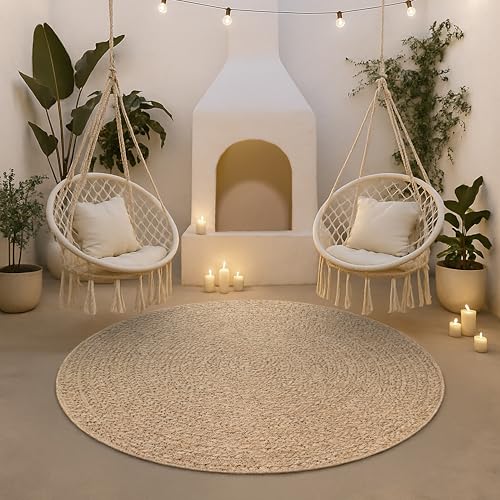 the carpet Kansas Outdoor Teppich – Wetterfester Indoor & Outdoor Teppich im Jute-Look für Balkon, Terrasse, Garten, Wohnzimmer & Esszimmer, pflegeleicht und UV-beständig, ca. 120 cm Rund