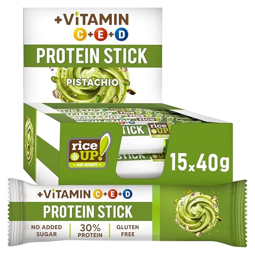 RiceUP! Vitamin Protein Bar Pistachio & Milk Chocolate – 30% Protein Eiweißriegel mit Vitaminen C, D & E | High Protein Bar | Ohne Zuckerzusatz | Glutenfrei | Palmölfrei | 15 x 40 g