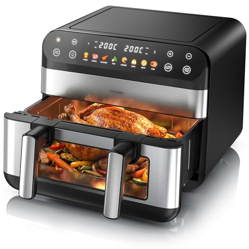 Arendo - Heißluftfritteuse XXL 10 Liter - 2 Kammern / 1 Kammer Match Funktion - extra Groß - Backofen Umluft - Grill - Dörrautomat - Air Fryer - Fritteuse ohne Öl - Pizza Hähnchen Pommes