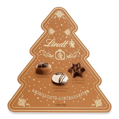Lindt Schokolade | Weihnachts-Kostbarkeiten Pralinés-Tannenbaum | 100g | edle Pralinen in 6 festlichen Sorten, teilweise mit Alkohol | Premium Pralinen-Geschenkbox zu Weihnachten