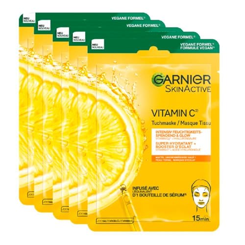Garnier Feuchtigkeitsspendende Tuchmasken für sensible Haut, Mit Hyaluronsäure und Vitamin C, Für strahlende Haut und einen Glow-Effekt, SkinActive, 5 x 1 Masken