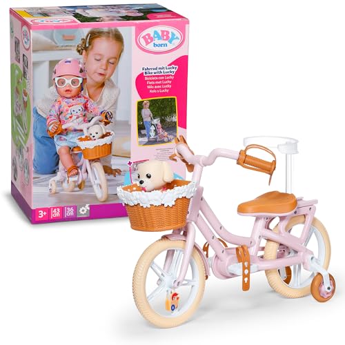 Baby Born Fahrrad mit Lucky, Puppenfahrrad mit Korb, Lenkstange und Stickern