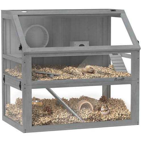 PawHut Hamsterkäfig aus Holz 3 Etagen mit Tiefem Untergeschoss für Hohe Einstreu, Nagarium mit Abnehmbaren Ebenen für Leichte Reinigung, Kleintierkäfig mit Laufrad und Hütte, 80 x 50 x 76 cm Hellgrau