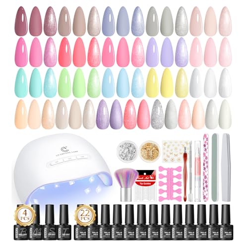 PEACECOLOR UV Nagellack Set mit Lampe, 22 Farben Weiß Nude Rosa Gelnägel Starterset mit Base und Top Coat Matte Glitzer, Nägel Selber Machen Nagelstudio Set für Frauen DIY Nageldesign