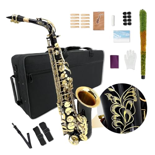 YoungMonic Altsaxophon für Anfänger und Erwachsene, E-flaches Saxophon, Anfänger-Set mit Mundstück, Tragetasche, Riemen, 10 Blätter