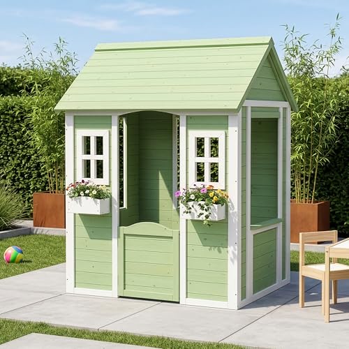 [en.casa] Spielhaus Kinder Outdoor Kuoldsvin Gartenhaus für Kinder ab 3 Jahre Kinderspielhaus aus Holz mit Tür und Fenstern 144 x 107 x 90 cm Grün/Weiß