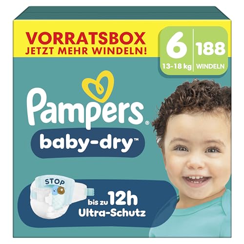Pampers Baby-Dry Größe 6, 188 Windeln, 13kg-18kg, Bis zu 100% Auslaufschutz & Komfort die ganze Nacht