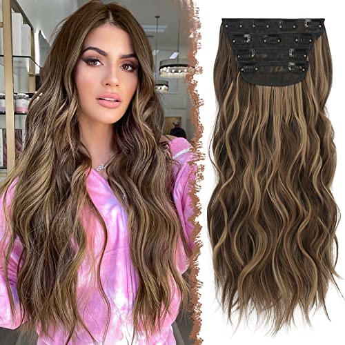 FESHFEN Clip in Extensions, 4PCS 50 cm Haarverlängerungen mit Clips Synthetik Gewellte Haarextension Honigblond Gemischt Hellbraun Wavy Wellig Haar Extensions Clip in Haarteil für Frauen, 180g