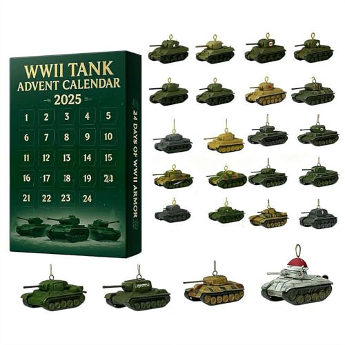 2025 WWII Panzer Adventskalender, 24 Tage Weihnachts-Countdown-Kalender mit 24 ikonischen WWII Panzer-Ornamenten, Tanks Adventskalender 2025, 2D-Acryl-Design, für Modellsammler, History Buffs