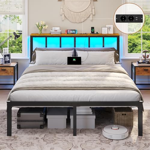 Brinlawb Bett 140x200 mit Lattenrost aus Metall, Bettgestell 140x200 mit LED Beleuchtung, Ladestation (2 AC-Steckdosen,2 USB-Anschlüsse) Metallbett Doppelbett mit Kopfteil und Stauraum