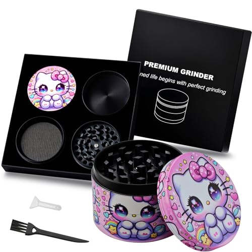 Spespo Grinder | 4-Schicht Kräutermühle ∅ 50mm | Zinklegierung Gewürzmühle | Inkl. Pollenschaber & Reinigungsbürste | Für Kräuter, Gewürze & Tee | Geschenkverpackung (Pink Cat)