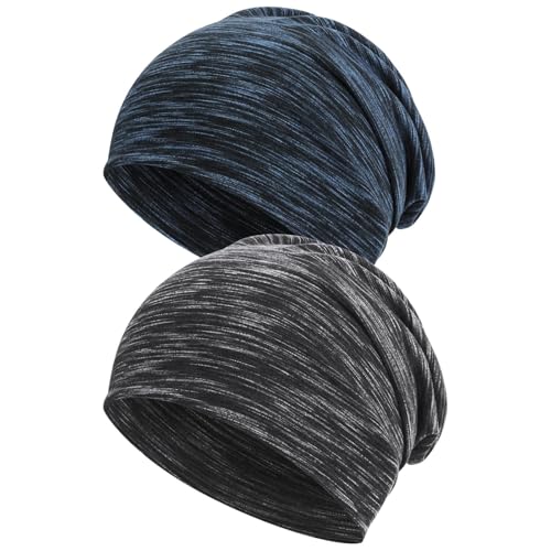 flintronic Beanie Mütze, 2 Stücke Slouch Beanie Mütze aus Baumwolle, Leicht und Weich, Elastische, für Herren und Damen, Dunkelgrau + Blau
