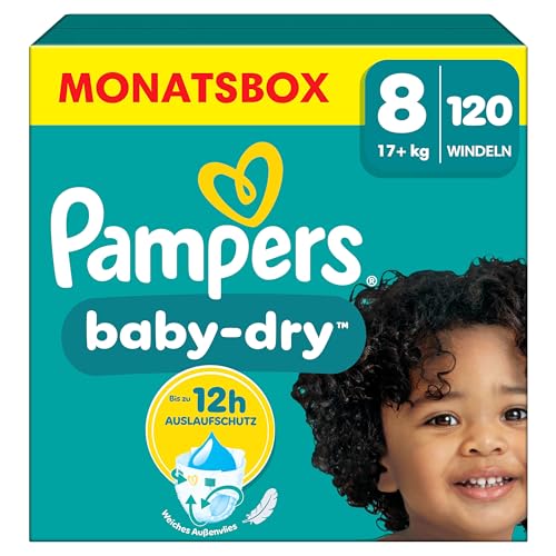 Pampers Baby-Dry Größe 8, 120 Windeln, 17kg+, bis zu 100 Prozent Auslaufschutz und Komfort die ganze Nacht