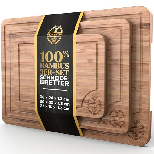 Deer & Oak Schneidebrett Holz Set 3-teiliges Vorgeölt Bambus Schneidebrett mit Griff & Saftrille, Küchenbrett, Schneidebretter Holz, Schneidbrett, Holzbrett Küche
