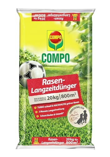 COMPO Rasendünger mit 3 Monaten Langzeitwirkung für Frühjahr und Sommer - tierfreundlich - Premium Rasen-Langzeitdünger - 20 kg für 800 m²