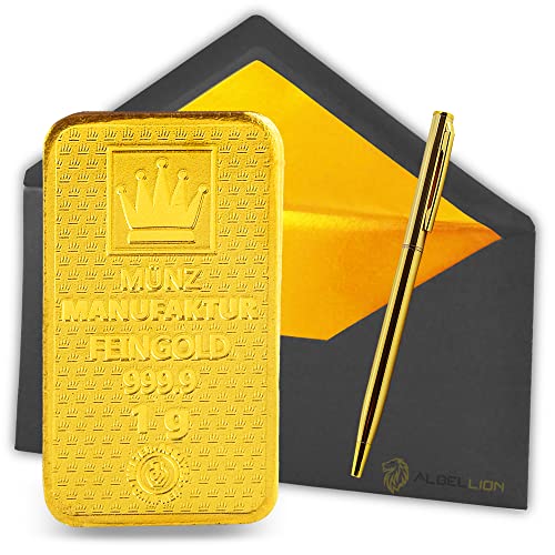 1g Gold-Barren Gold-Plättchen, 999.9 Feingold LBMA Zertifiziert, Echtheitsgarantie + Albellion® Kugelschreiber gratis