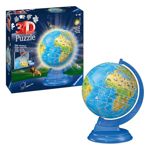 Ravensburger 3D Puzzle 11274 - Kinderglobus mit Licht in Deutscher Sprache - 180 Teile - Beleuchteter Globus aus dreidimensional geformten Puzzleteilen - für Kinder ab 6 Jahren