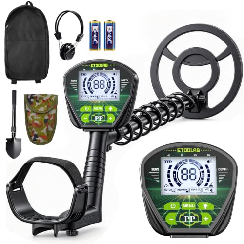 ETOOLAB Metalldetektor Set, Profi-Metalldetektor für Erwachsene, 5 Modi | IP68 Wasserdichte 25-cm-Suchspule Mit LCD-Display, Klappschaufel, 2 Batterien & Rucksack, Metalldetektor Erwachsene& Kinder