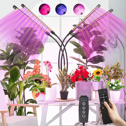 Pflanzenlampe LED Vollspektrum, 4 Köpfe 120 LEDs Grow Lampe Mit Fernbedienung,Memory-Funktion,Zeitschaltuhr und USB Adapter,360 ° verstellbare Pflanzenlicht, 3 Lichter Modi und 10 Helligkeitsstufen