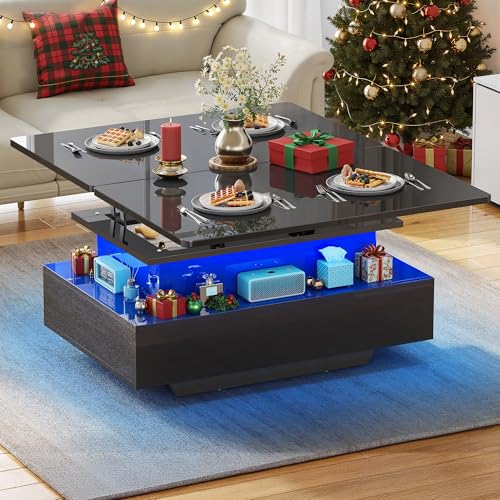 YITAHOME Couchtisch Höhenverstellbar, Wohnzimmertisch Hochglanz mit 2 Schublade und LED, Couchtische mit Verstecktem, Kaffeetisch Fach Umwandelbar in Esstisch